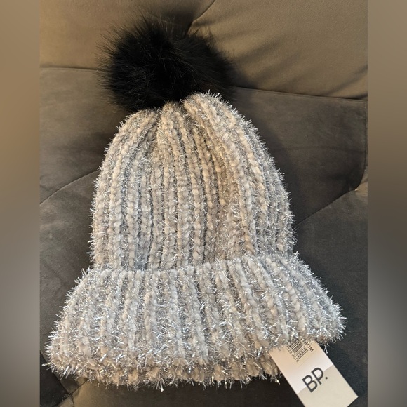 bp Accessories - BP (Nordstrom) Silver Sparkly Knit Beanie with Black Pom Pom - NWT - Never Worn